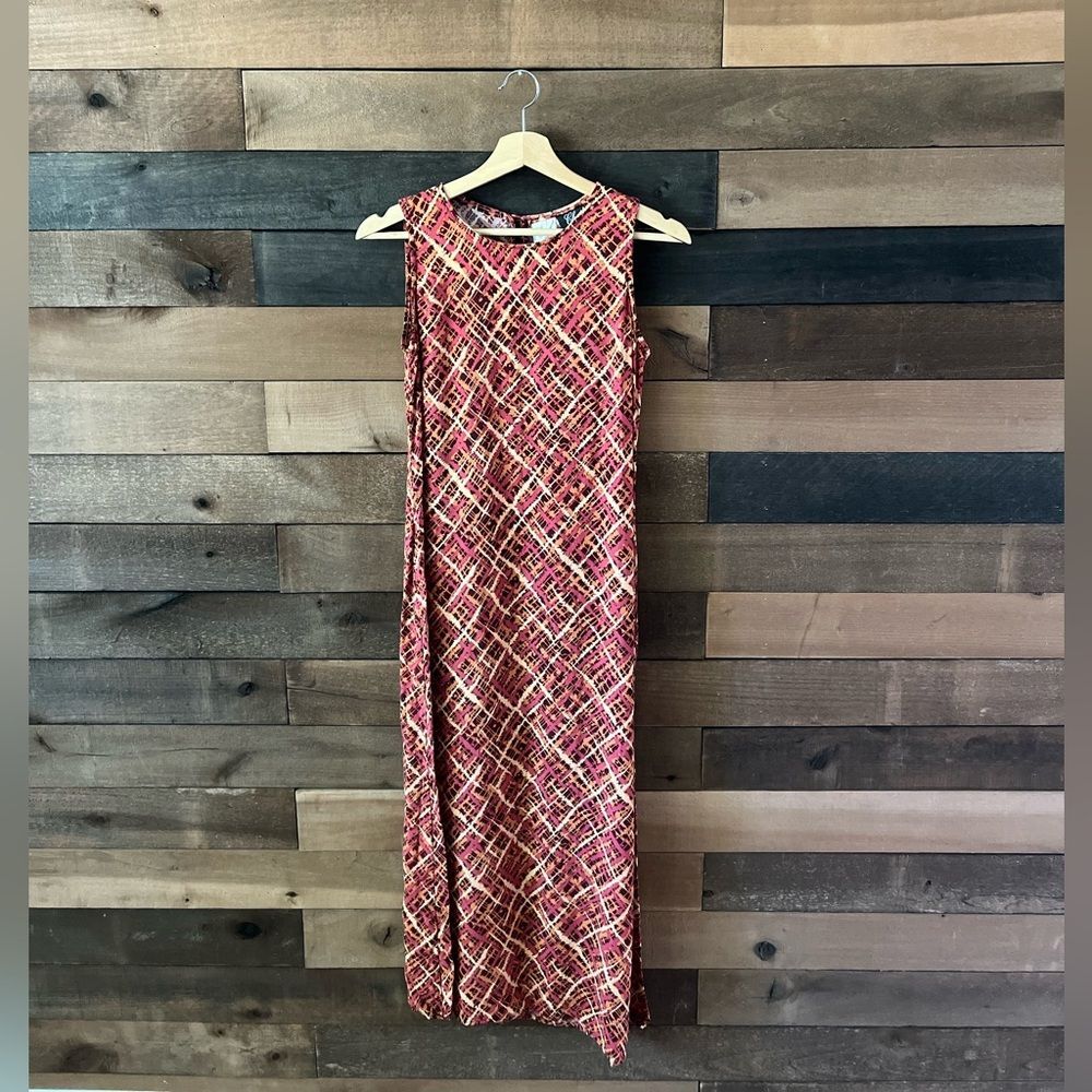 Vintage 90s Charm Fashions Sleeveless Rust Pink Geometric Print Maxi Dress